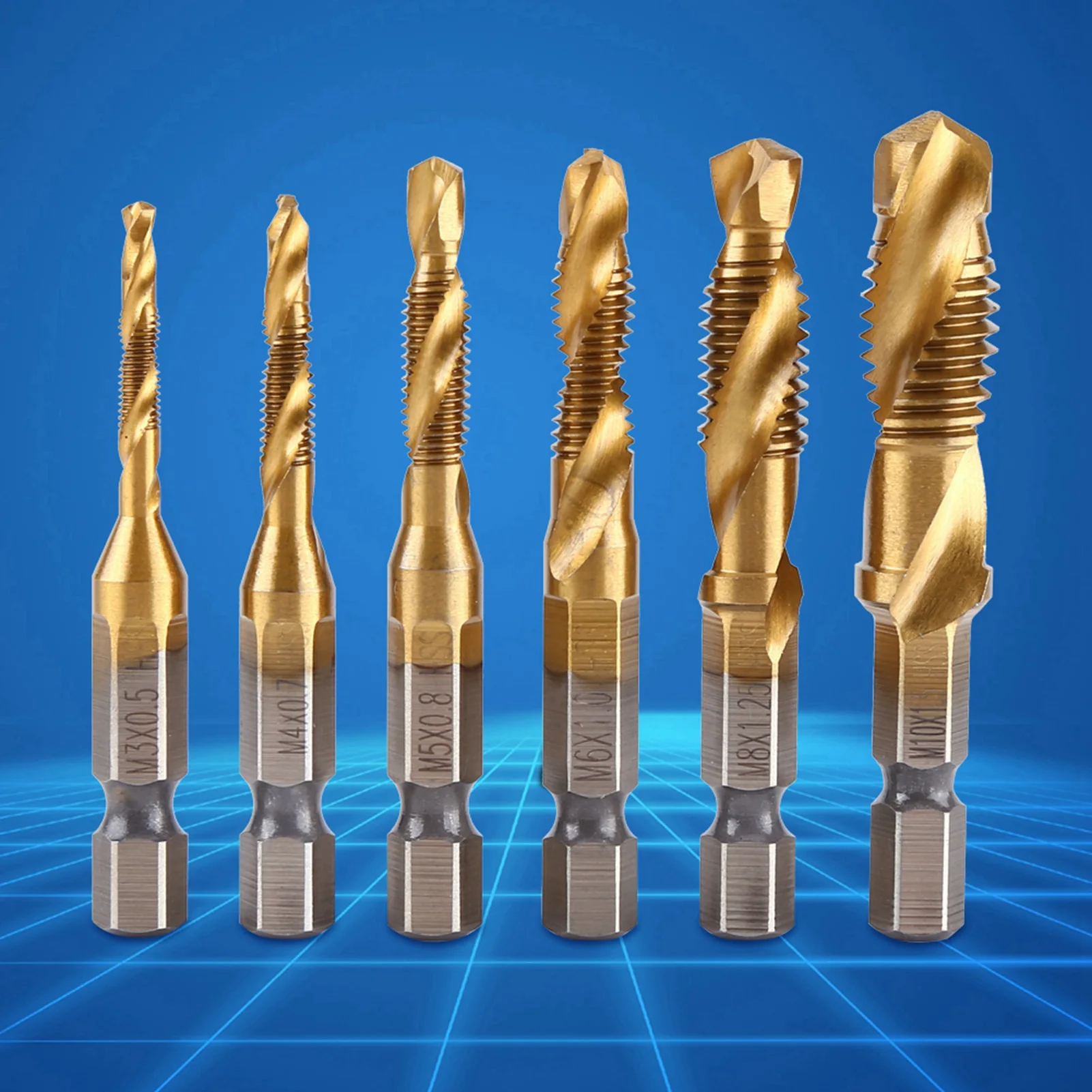 Metric Thread M3-M10 Titanium Coated HSS Drill and Tap Bits 1/4" Hex Shank Thread Tap Screw Taps Tool Set Drill and Tap Bit