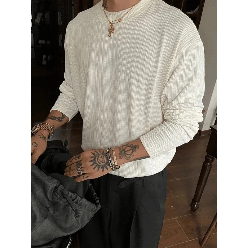 

2025 New Men Jacquard Texture Long Sleeve T Shirt Autumn Lazy Style Inner Layer Base Trendy Top Fashion Desin