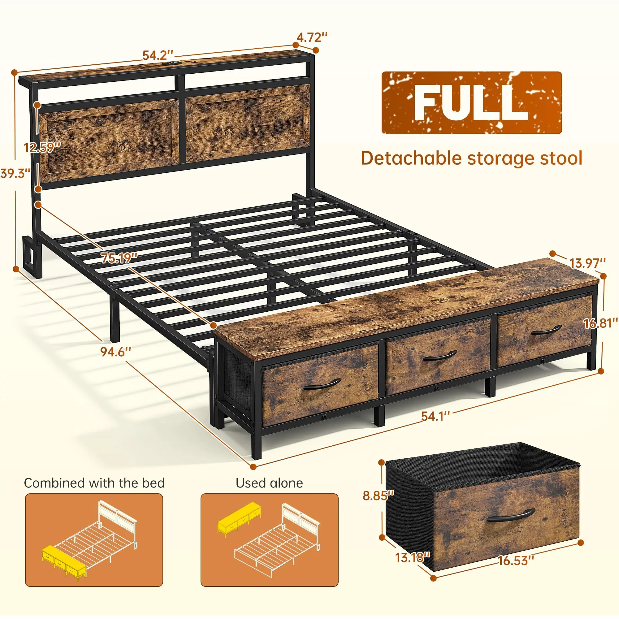 Full Bed Fe with Ottoman & Charging Station, Rustic