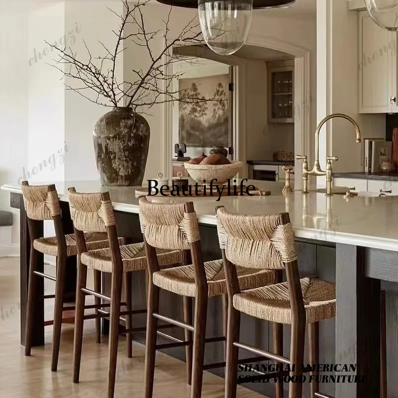Fashion solid wood bar chair backrest high chair braided rope B & B hotel bar seat hand-woven