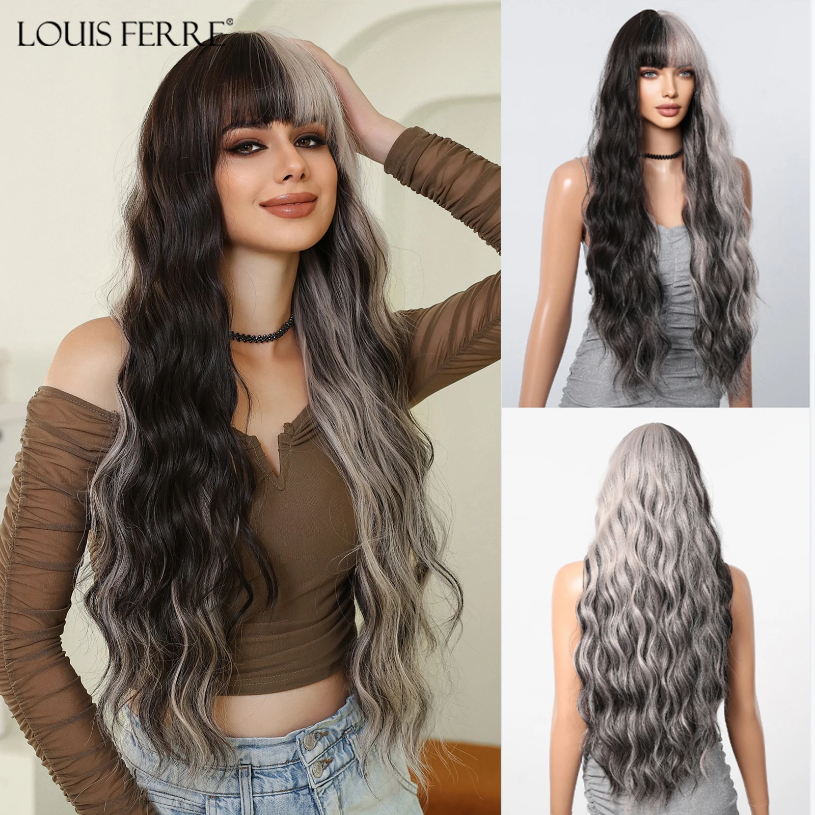 LOUIS FERRE Synthetic Wigs for Women/Girls Black Gray White Highlights Wavy Hair Long Curly Wigs With Bangs for Cosplay Use