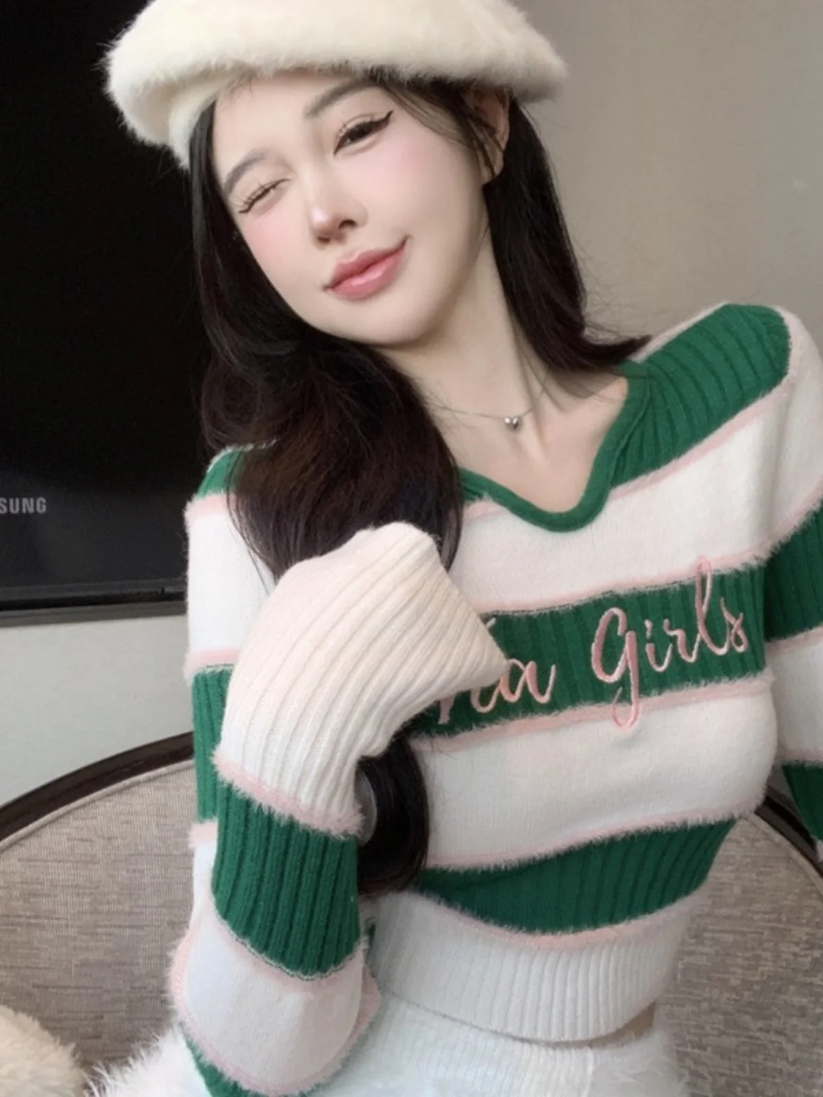 

Sweaters Jumpers Pullovers Womens Long Sleeve Women Cashmere Striped French Style Café Date Romantic Elegant Classic Winter Fit