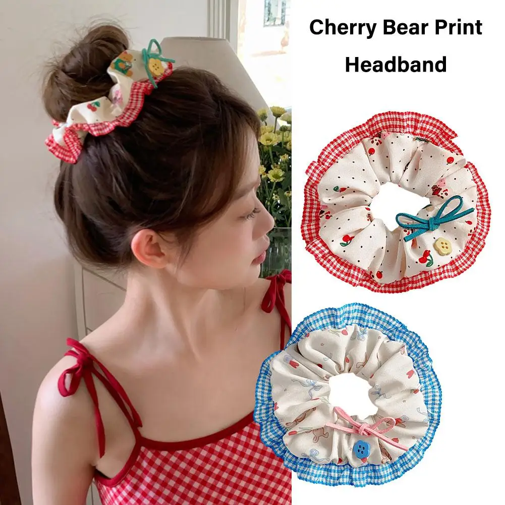 NEW High-end Sweet Cute Bear Cherry Strawberry Bow Wide Edge Hair Band For Women Girls Hair Tie Rope Cherry Print Headband L0R9