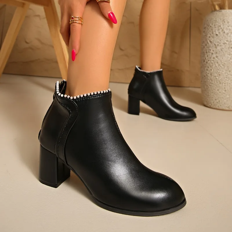 Neue 2026 Herbst Damen Stiefeletten PU Schwarz Beige Blockabsatz Runde Zehe Kurze Stiefel Elegante Botines Mujer Bequeme Größe 35-42