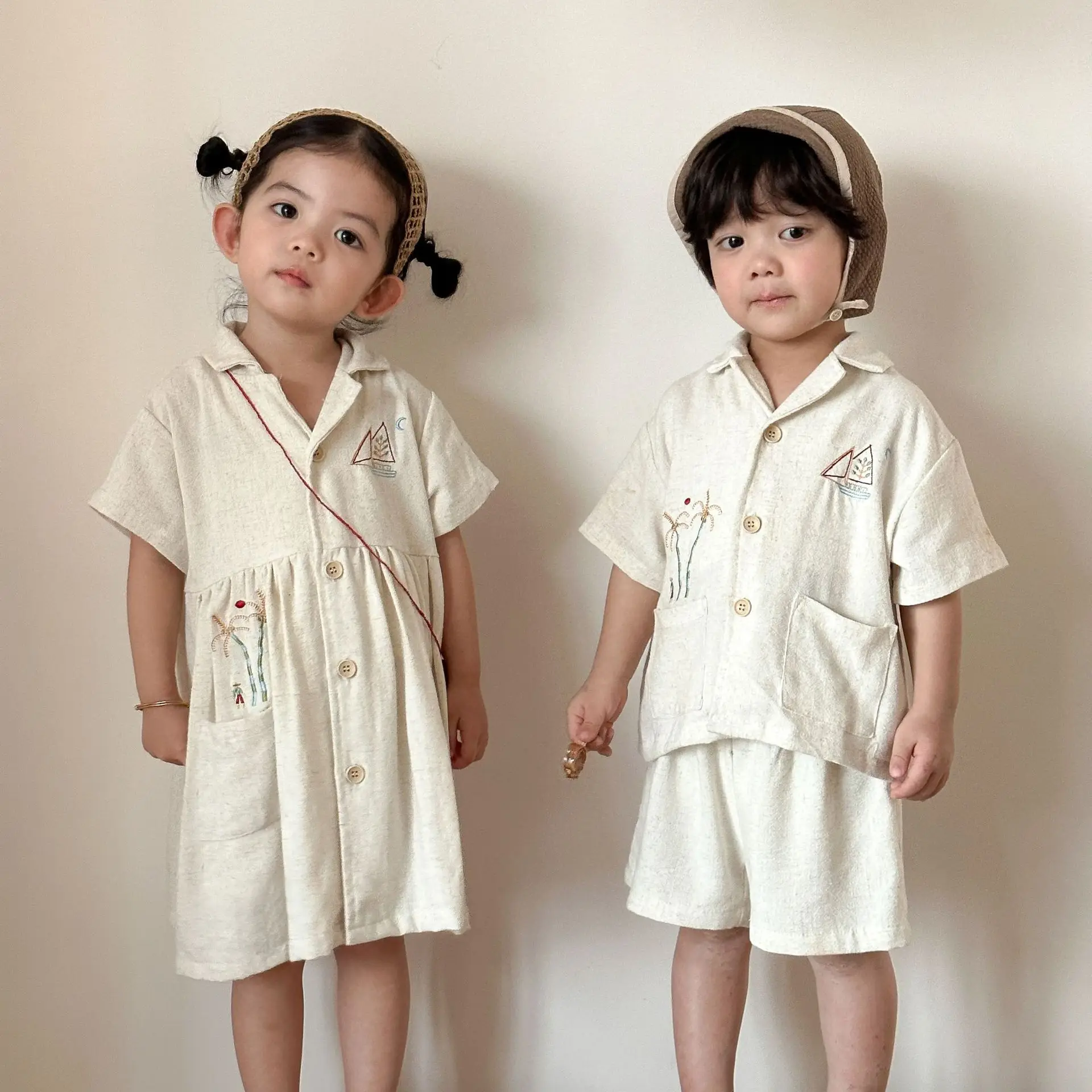 2026 Summer New Children Short Sleeve Clothes Set Boys Linen Shirts + Shorts 2pcs Suit Girls Dress Brother Sister Outfits
