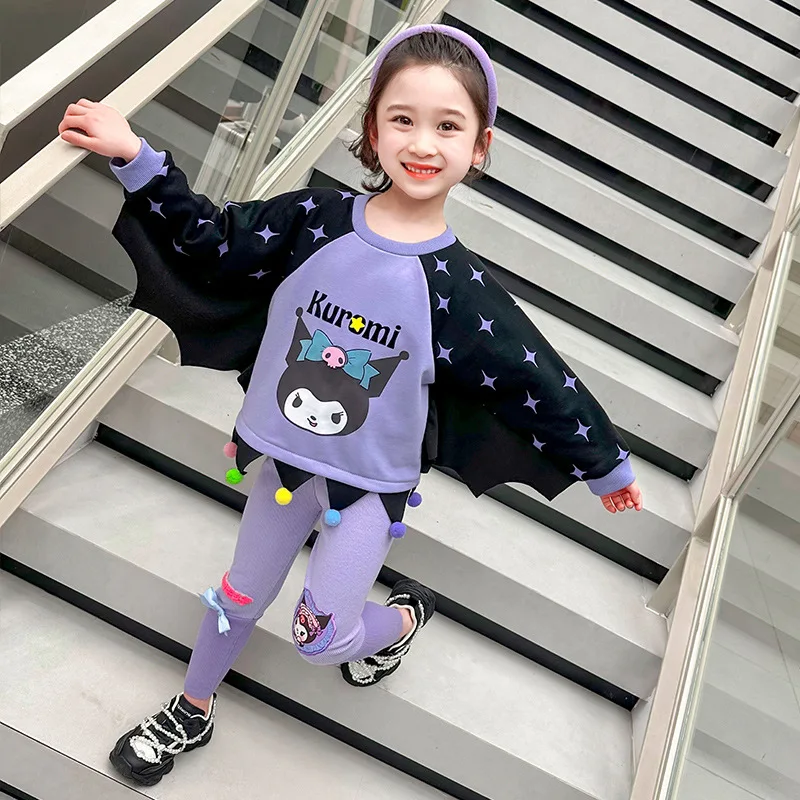 Anime Sanrio Girls Sweatshirt Suit Cartoon Kuromi Kids Wing Tops Cute Leggings Spring Autumn Fashion Kids Clothes Birthday Gifts