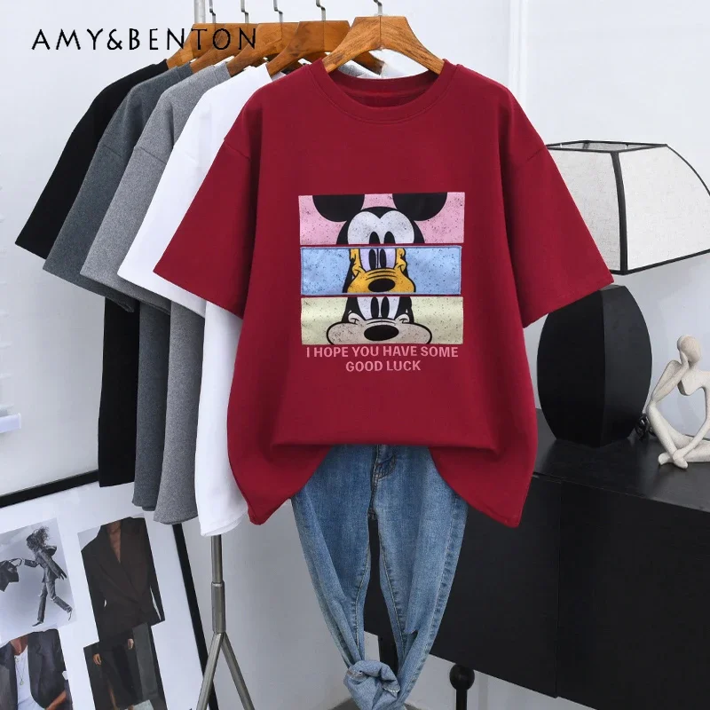  Autumn Winter Brushed Cotton Tshirt Women's Inner Cartoon Loose Oversize Thick O-Neck Half Sleeve Bottoming Shirt Tees