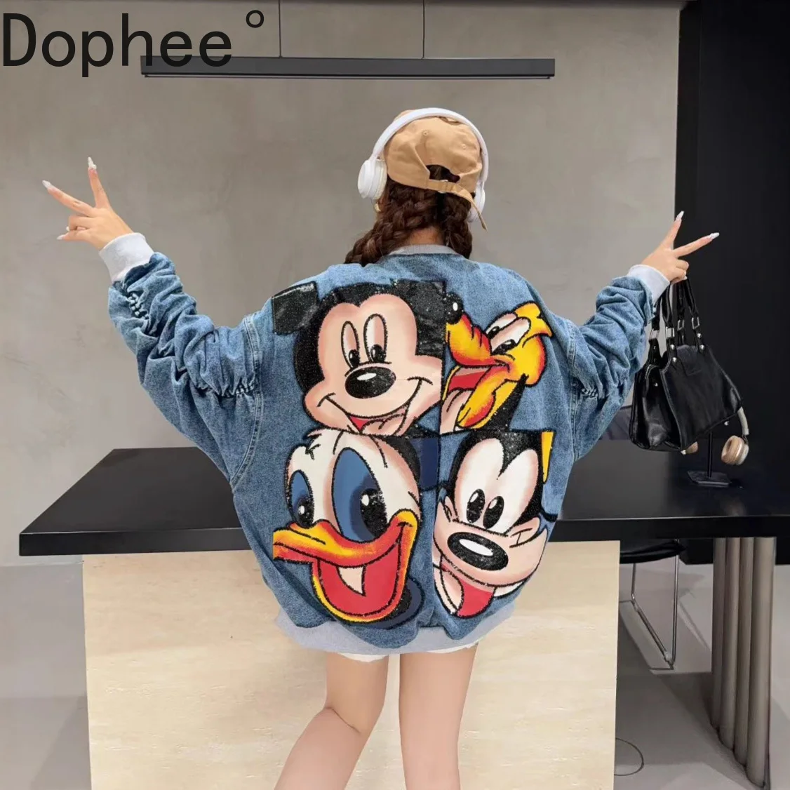 

Trendy Four-grid Sequins Cartoon Female Baseball Jersey Stand Collar Loose Zip Cardigans Coat All-match Students Denim Jacket