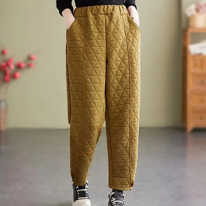 

High Waist Keep Warm Women Cotton-Padded Trousers 2024 New Autumn Winter Casual Loose Quilted Bloomers Vintage Plaid Harem Pants