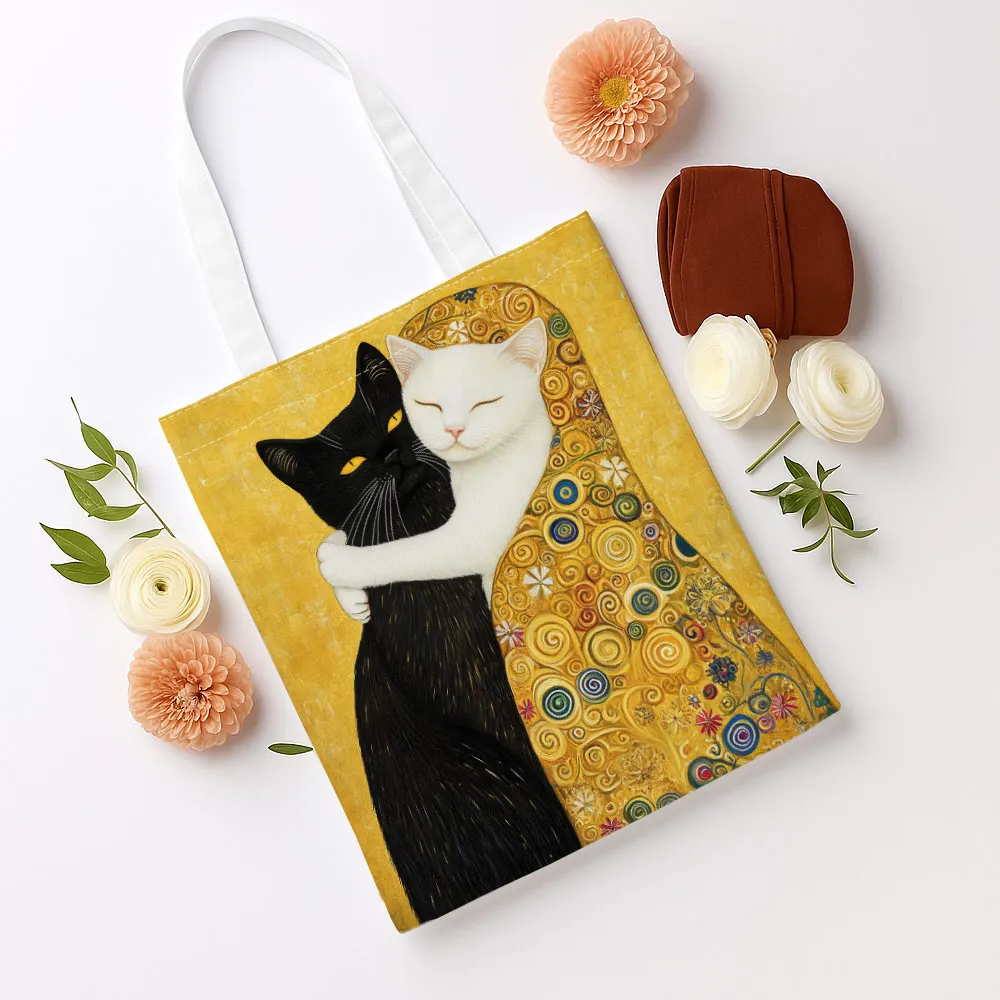 1pc Klimt-Style Hugging Cats Printed Tote Bag, reusable shopping bag, suitable for daily use, shopping, school and travel