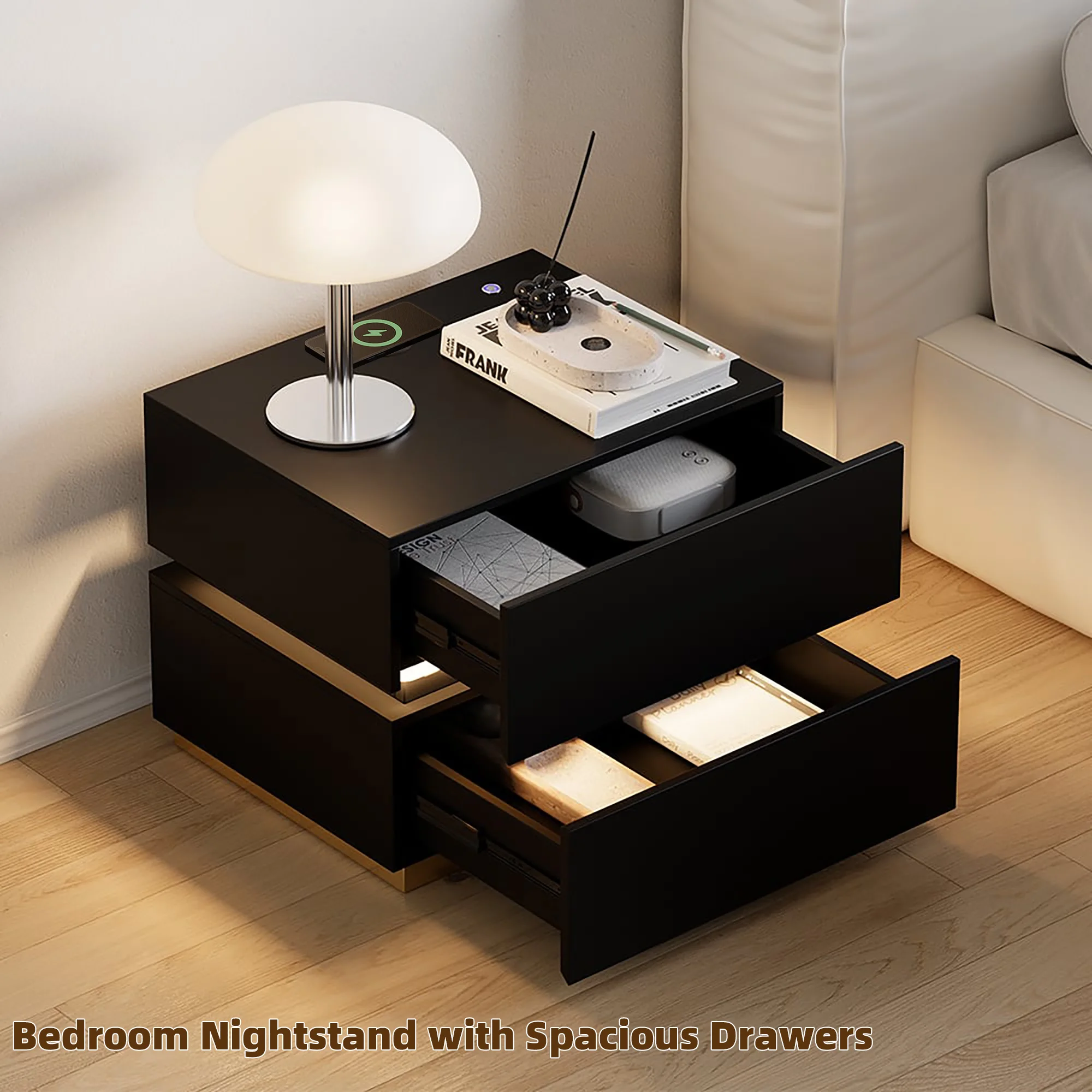 

2-Drawer Nightstand with Light & Charging Station High Quality Bed Side Table