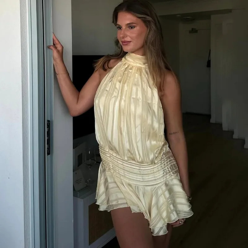 Talenza セクシーなホルターフリルミニドレス女性レースアップノースリーブバックレスビーチパーティードレス 2026 夏のファッション休暇ドレス