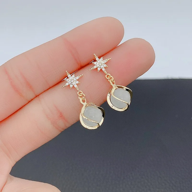 Fashion Opal Ball Dangle Earrings Elegant Crystal Star Drop Earrings for Women Girls Wedding Party Festival Gift Jewelry