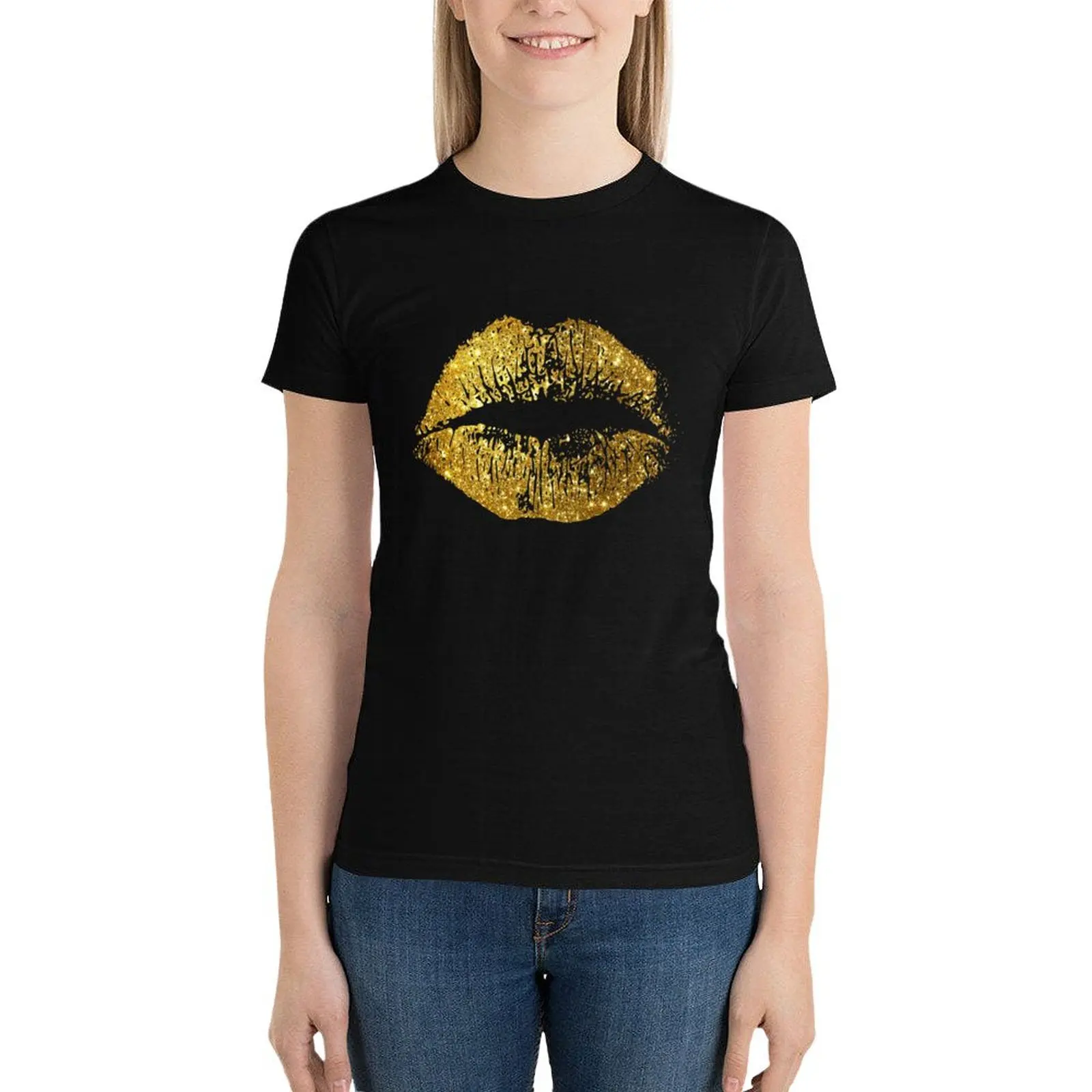 

Stylish Gold Glitter Lips T-Shirt funny vintage clothes aesthetic clothes summer clothes black t shirts for Women