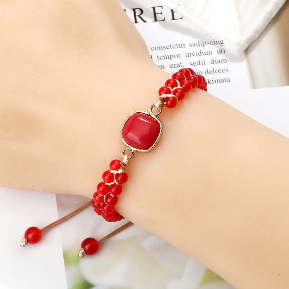 Fashion Red Chalcedony Stone Elegant Healing Bangle Women Natural Stone Beads Adjustable Braided Bracelet Wristband Gift Jewelry