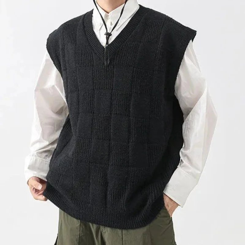 

Japanese Style Knitted Vest Couple Pullover Loose Fit Sleeveless V-Neck Sweater Vest Versatile Solid Color Checkered