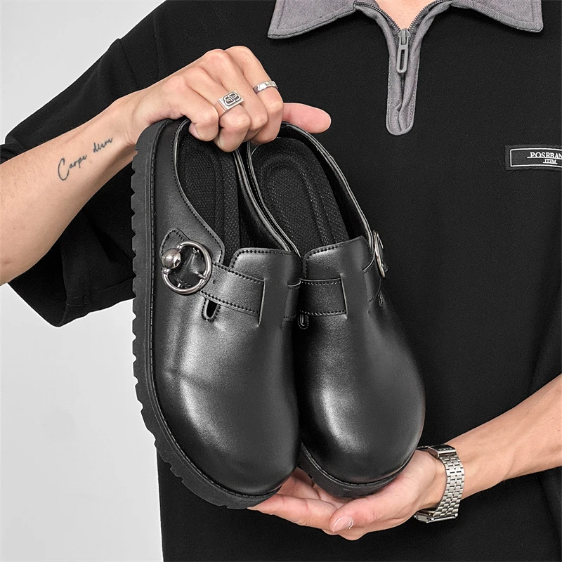 Leather Platform Mules Backless Loafers Slippers Thick Bottom Half Shoes For Men Closed Toe Slide Sandals Open Back Casual Shoes