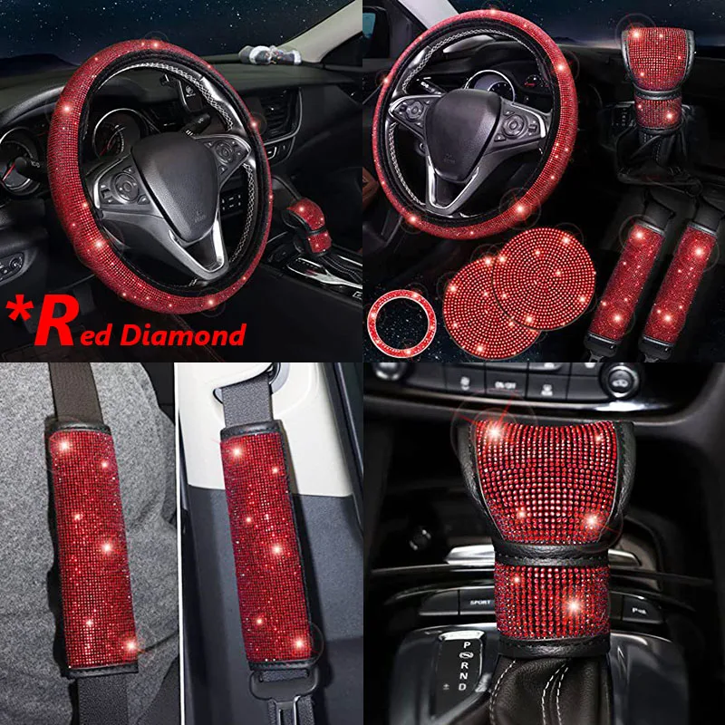 7PCS Glitter Crystal Diamond Car Steering Wheel Covers Rhinestone Auto Handlebar Cover Bling Car Interior Decoration Accessories