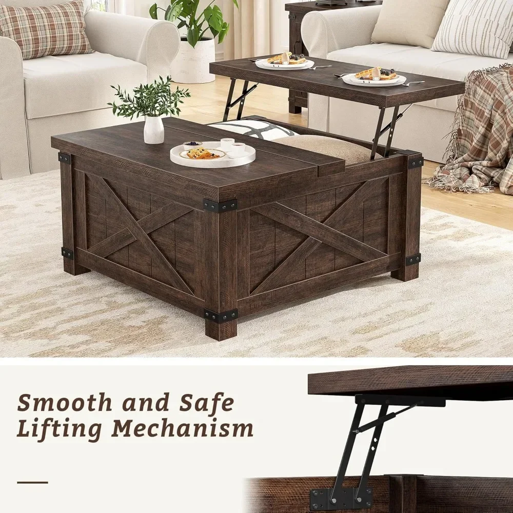 Farmhouse Coffee Table with Storage, 35.5" W Large Square Coffee Table for Living Room, Wood Center Table with Flip-Top Lids