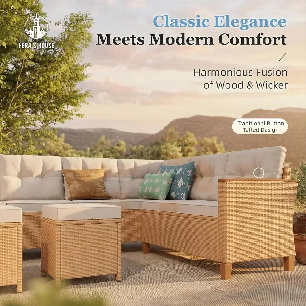 8-Piece Outdoor Wicker Patio Sectional Set with Chaise Lounge and Ottomans