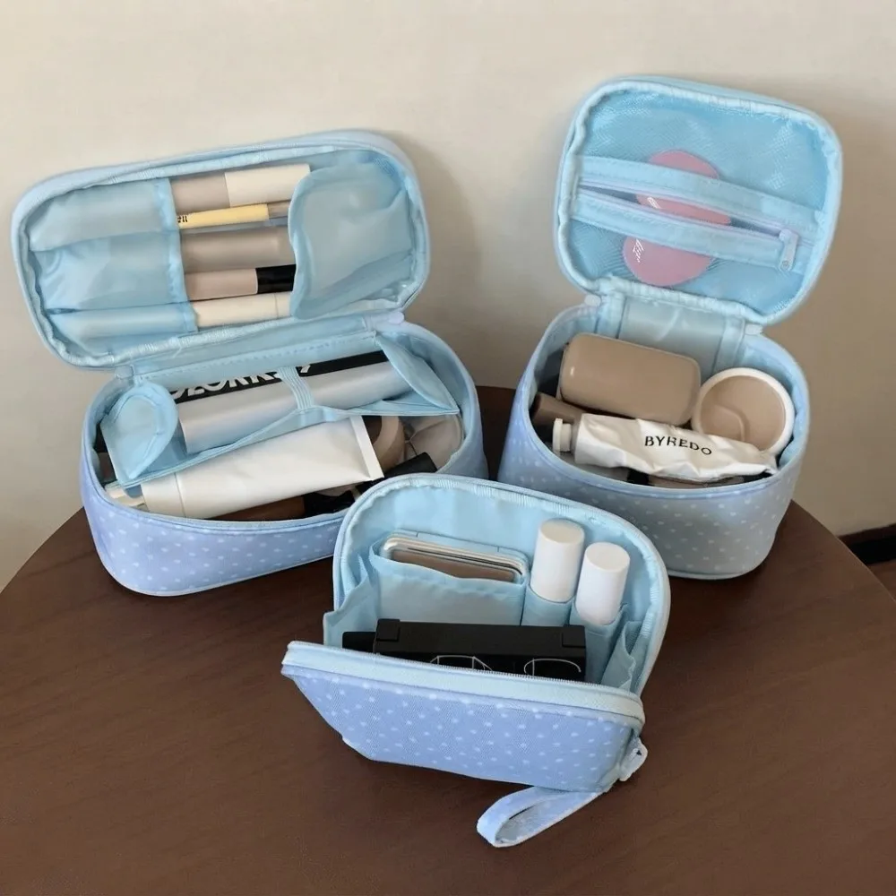 Simple Polyester Polka Dot Makeup Bag Checkered Multi Size Cosmetic Pouch Zipper Light Blue Wash Bag Daily Use