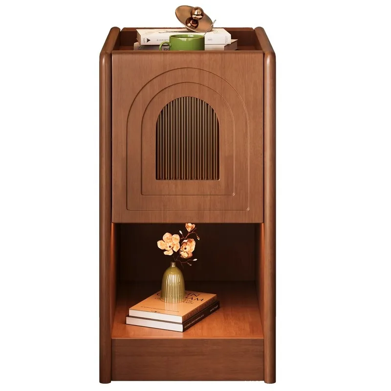 

French retro solid wood bedside table walnut narrow medieval bedroom storage small cabinet storage locker