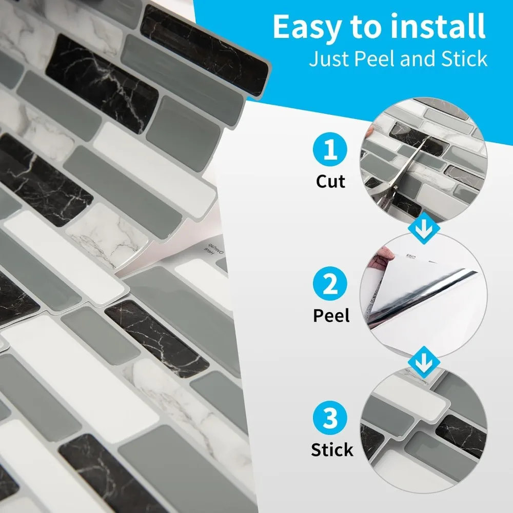 20枚入り剥がして貼るだけキッチンバックスプラッシュタイル、キッチンとバスルーム用の自己粘着壁タイル、12x12、マーブルグレー