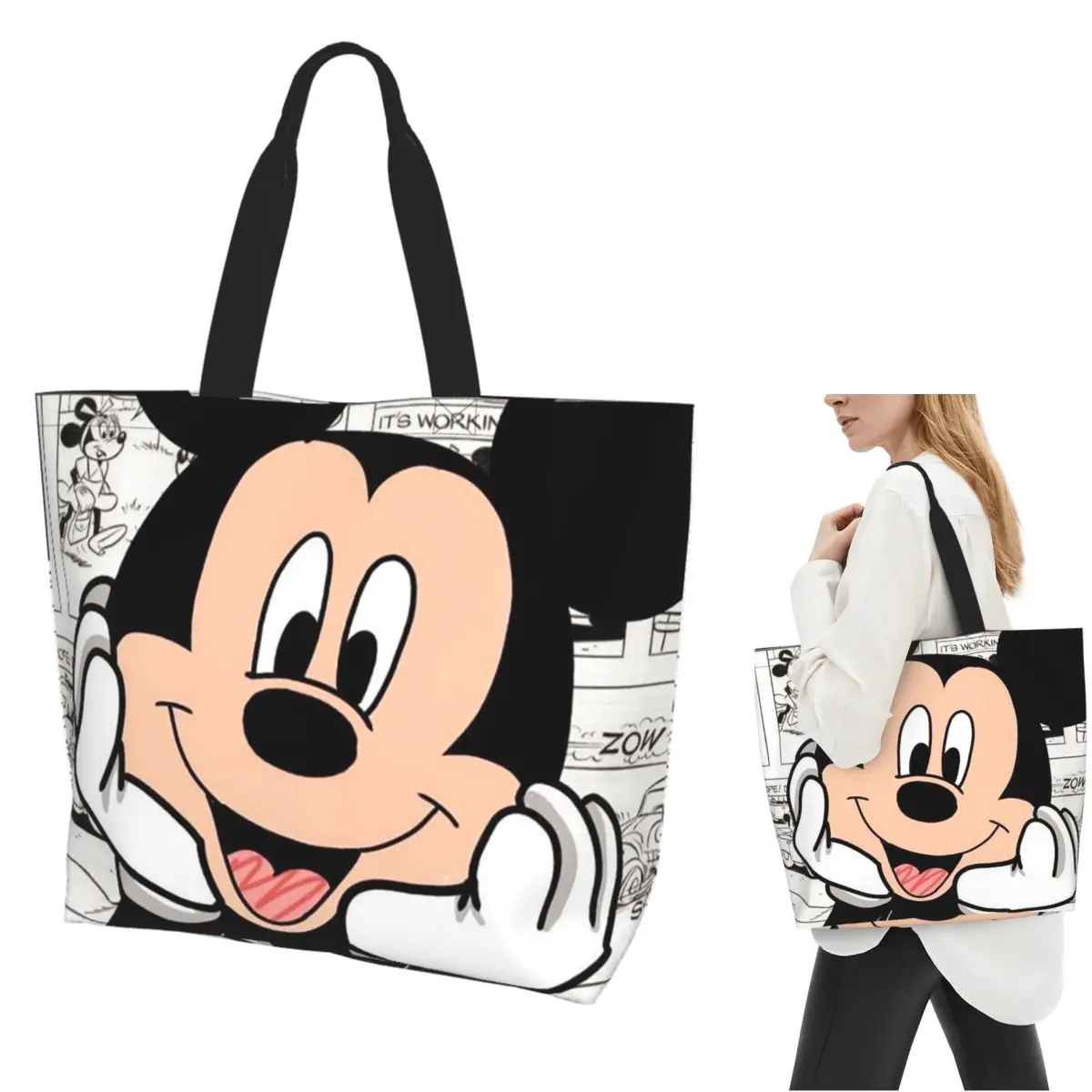 

Cartoon Mickey Mouse Shopping Tote Bag Canvas Large Capacity Shoulder Bags Shopper Grocery Handbag for Women