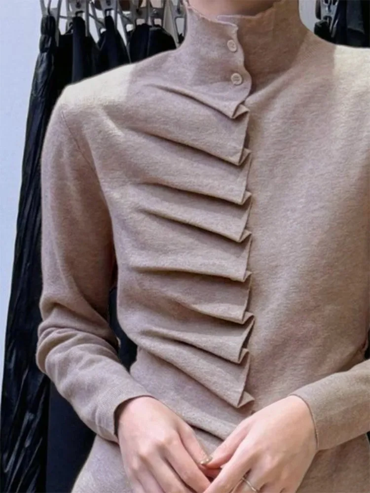 Yeezzi Damesmode Ruches Hoge Hals Gebreide Truien Lange Mouwen Slanke Onregelmatige Zoom Casual Herfst Winter Dieptepunt Trui