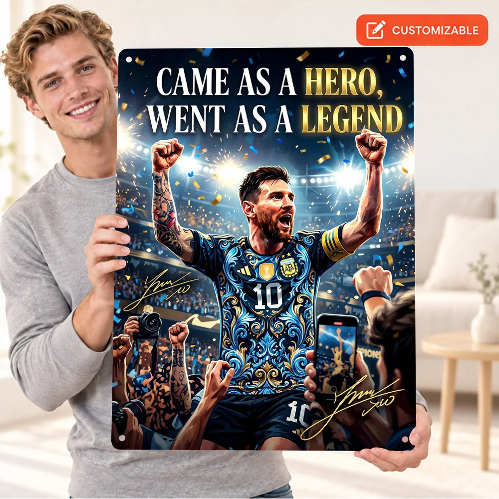 Lionel Messi Legend Tribute Football Aluminum Poster Customized Metal Sign Digital Illustration Wall Art For Man Cave Fan Gift