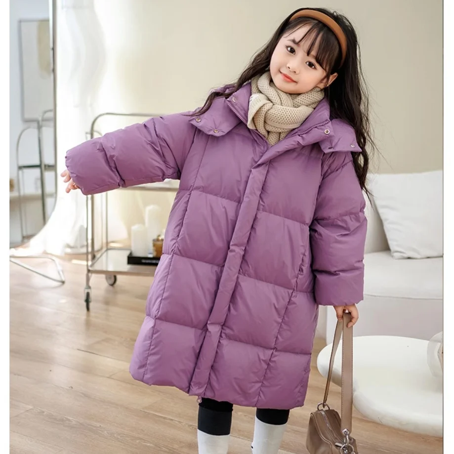 

Winter Boys Girls Down Jacket Long Style Purple/Black Parka Coat Hooded Zipper Outerwear Birthday Gift Kids Cotton Clothes 5-16Y