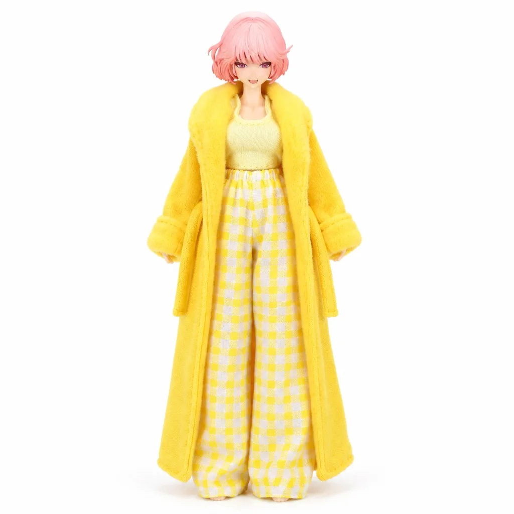 1/12 Doll Clothes for 15cm Dolls, Cozy Lounge Set with Yellow Long Fleece Coat, Tank Top and Gingham Pants, Autumn Winter