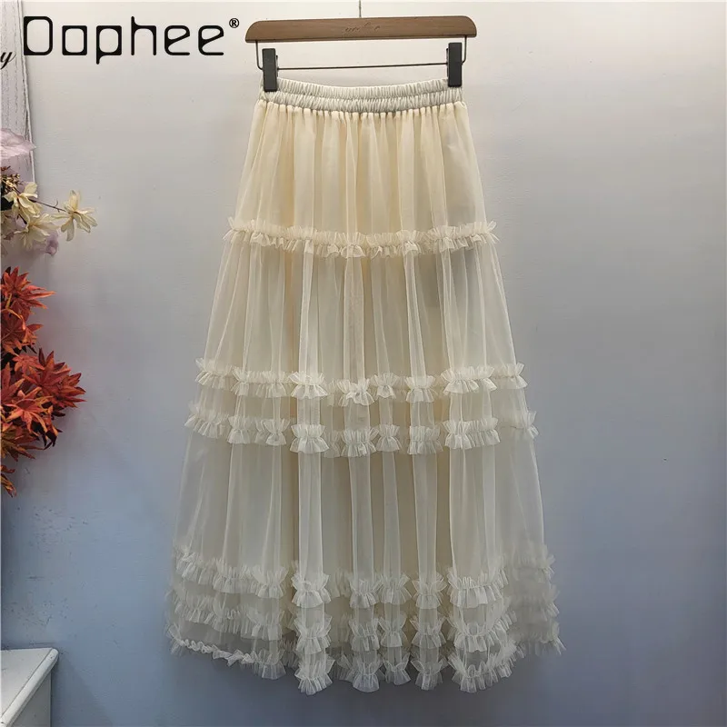 

Elegant Korean Chic Mesh Puffy Skirt for Women Solid Color Versatile Sweet Bow Trendy High Waist Slim A-line Mid-Length Skirts