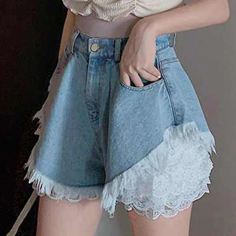 

chubby pants with ruffled edges, high waisted denim shorts, women's spring and autumn lace leggings, two-piece set, hot pants