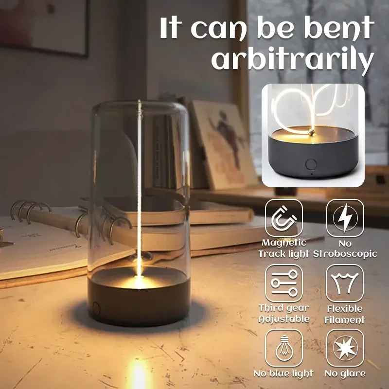 Cordless Table Lamp Magnetic Filament Movable Minimalist Table Lamp With 3 Levels Touch Dimmable Rechargeable Nightstand Lights