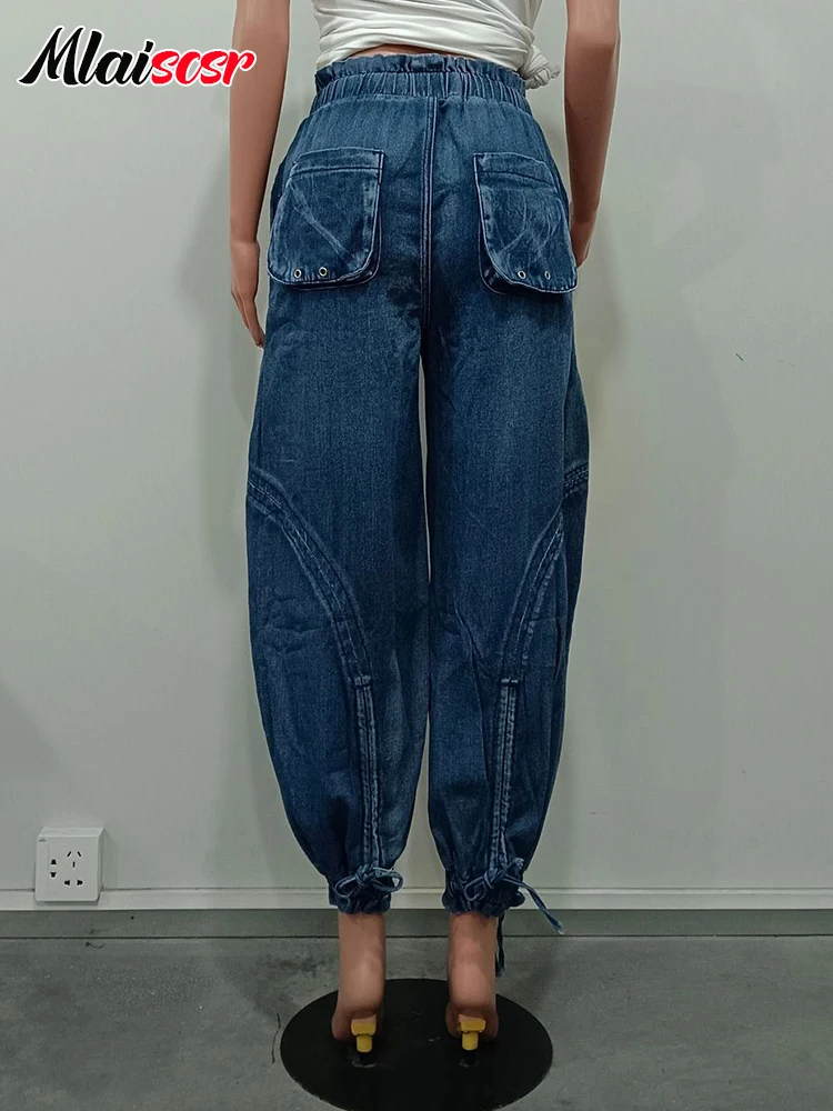 Mlaiscsr Mode Vrouwen Lantaarn Harem Jeans Trekkoord Bandage Losse Blauwe Rechte Wijde Pijpen Denim Broek Streetwear Broek y2k