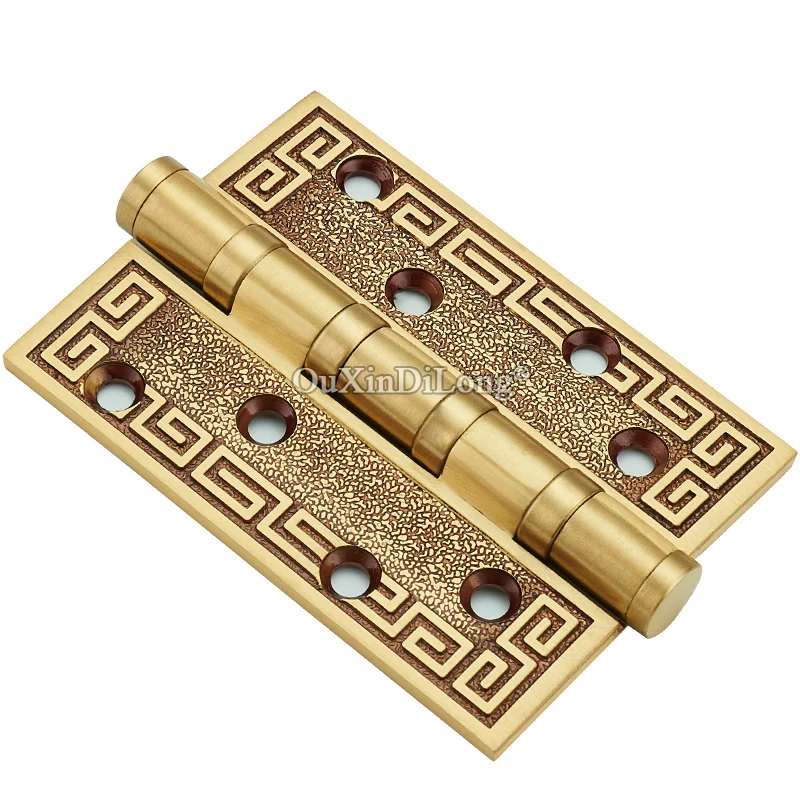 High-end Elegant 3PCS 4'' Solid Brass Heavy Door Hinges European Carved Villa Door Hinges Bearing Silent Gate Door Hinges+Screws