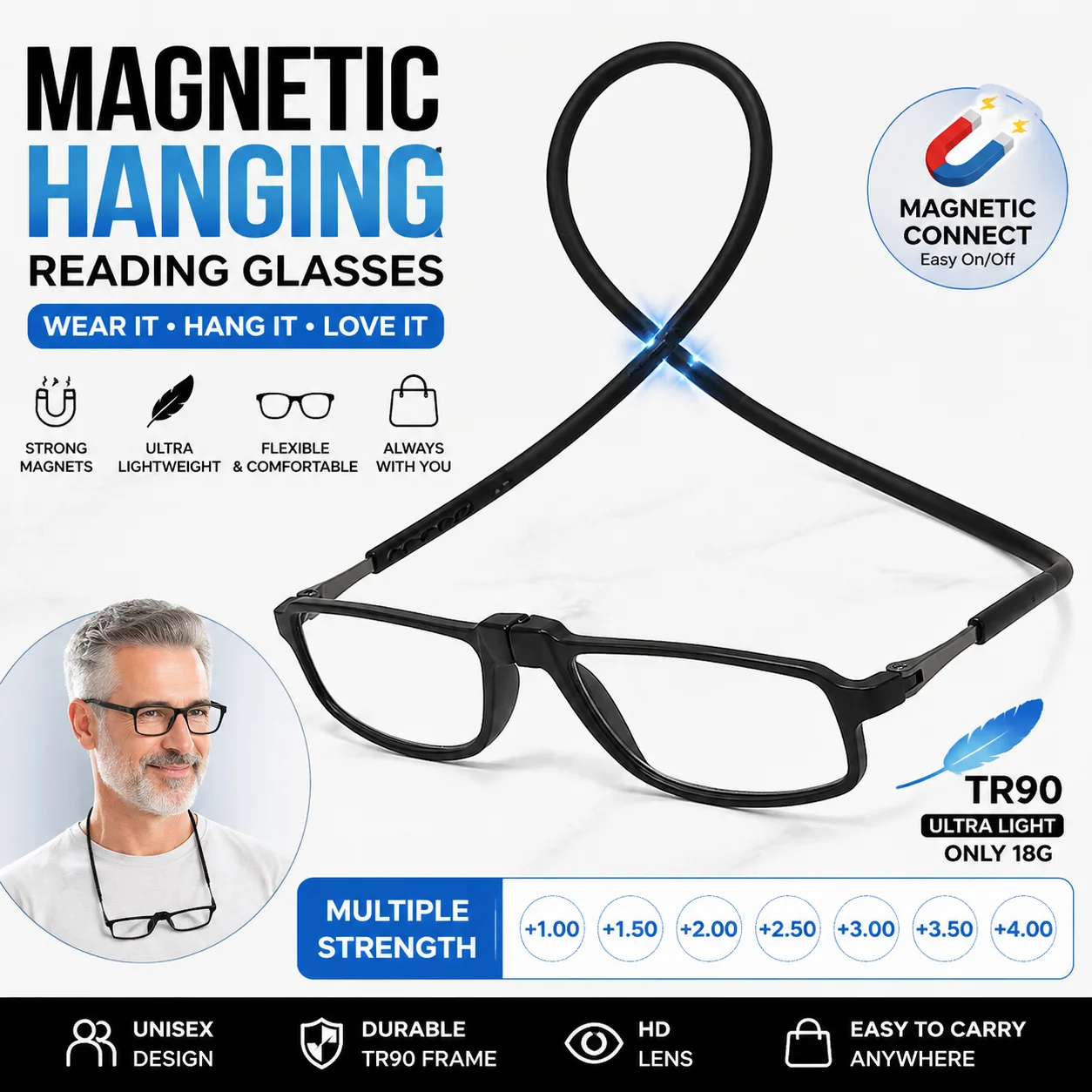 New Folding Neck Presbyopia High Clear Resin Fashion Magnet Presbyopia Anti Fatigue Presbyopia Wholesale Reader Reading Glass