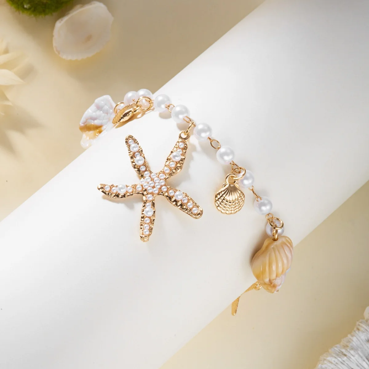 Imitationsperlen-Seestern-Muschel-Anhänger Halskette Armband Fußkettchen Set für Damen und Herren Boho Seestern Sommer Schmuckset – Detail 24
