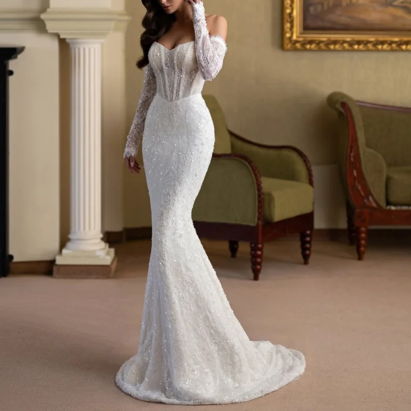 Beadwork White Appliques Wedding Dresses Pearl Decal puff skirt long tail Mermaid Skirt Made wedding dress Bridal Gown