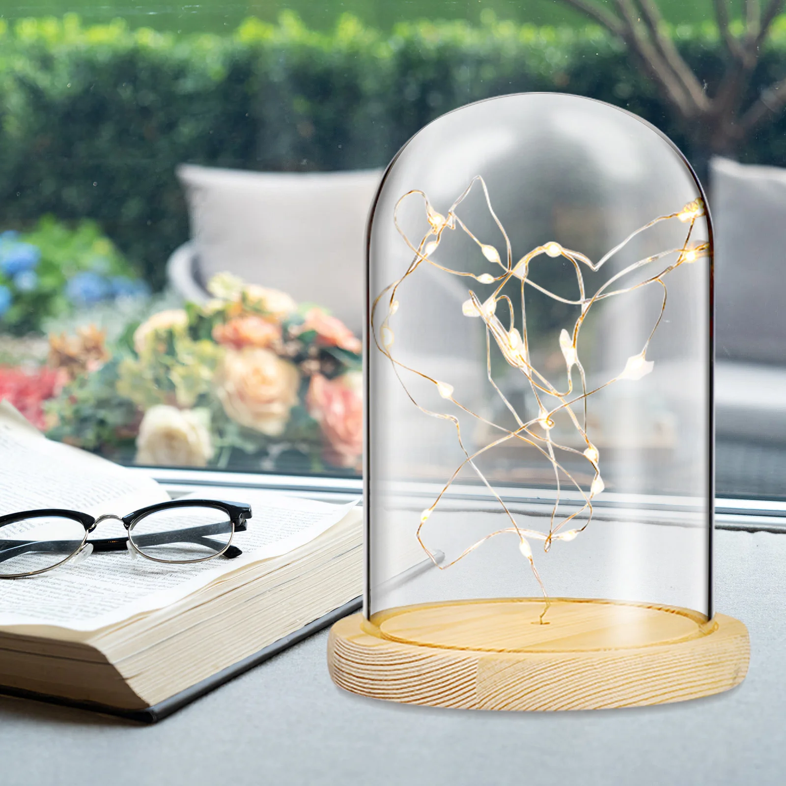 LED Glass Dome Bedside Table Lamp Bell Jar Display Wooden Base String USB LED Warm White Fairy String Lights Jar Lighting