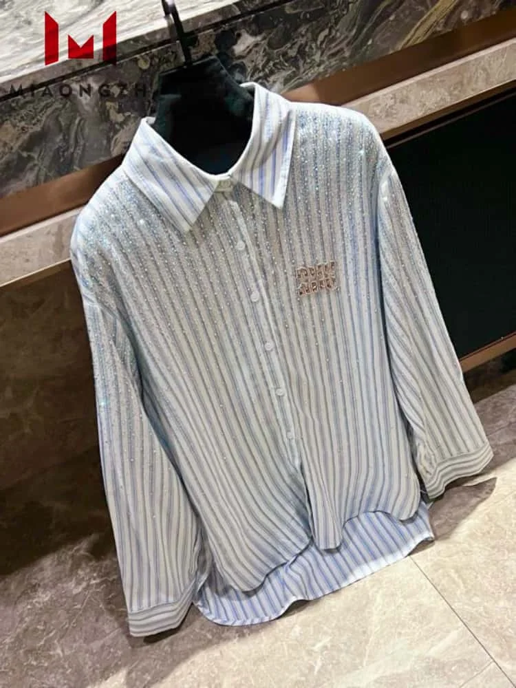 

High Quality Fashion Patchwork Diamonds Striped Women's Shirt Polo Neck Long Sleeve 2025 Spring New Blouses Female Casual Tops