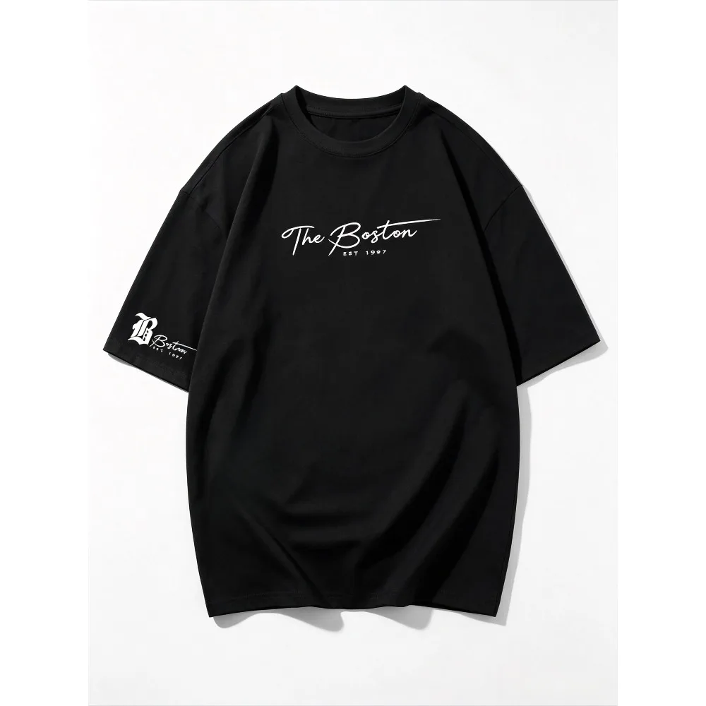 The Boston Cursive Multi-position Letter Print Men T Shirt O-Neck Short Sleeve Oversized Urban Casual Streetwear Male Tee Tops