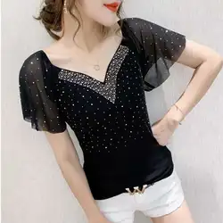 Camiseta de manga corta con volantes para mujer, Sexy Camiseta ajustada con cuello en V, algodón elástico con diamantes, #5206