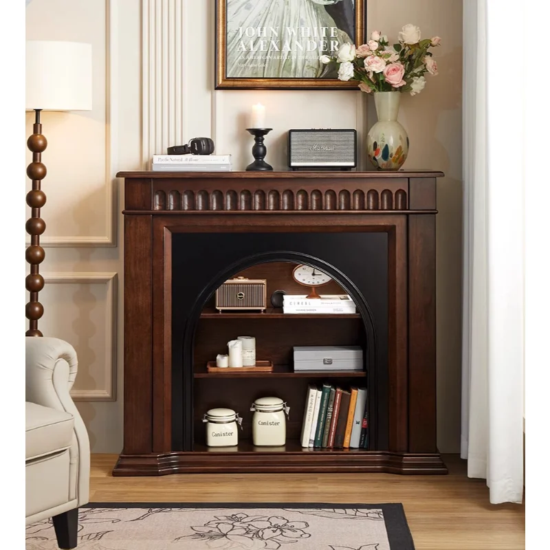 

French fireplace decorative cabinet, living room flame simulation fire antique door cabinet, solid wood rack, facing the door