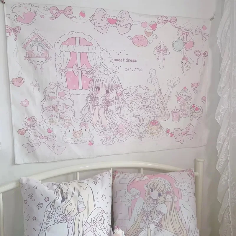 VIKAMA Sweet Dream Tapestry Cake Bow Pink Purple Heart Bedroom Girl's Room Decor Dreamy Healing Style Wall Decoration