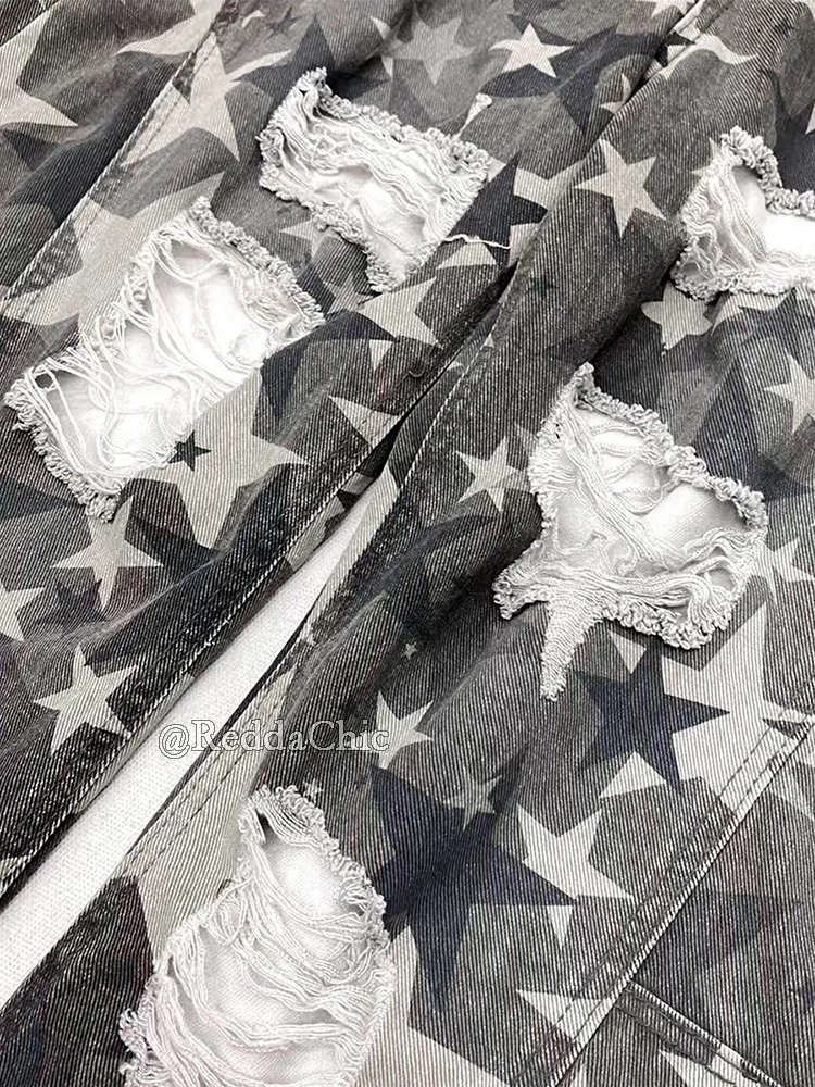 REDDACHiC Star Pattern Camouflage Jeans for Women Retro Y2k Low Rise Wide Leg Torn Ripped Denim Barrel Pants Harajuku Streetwear