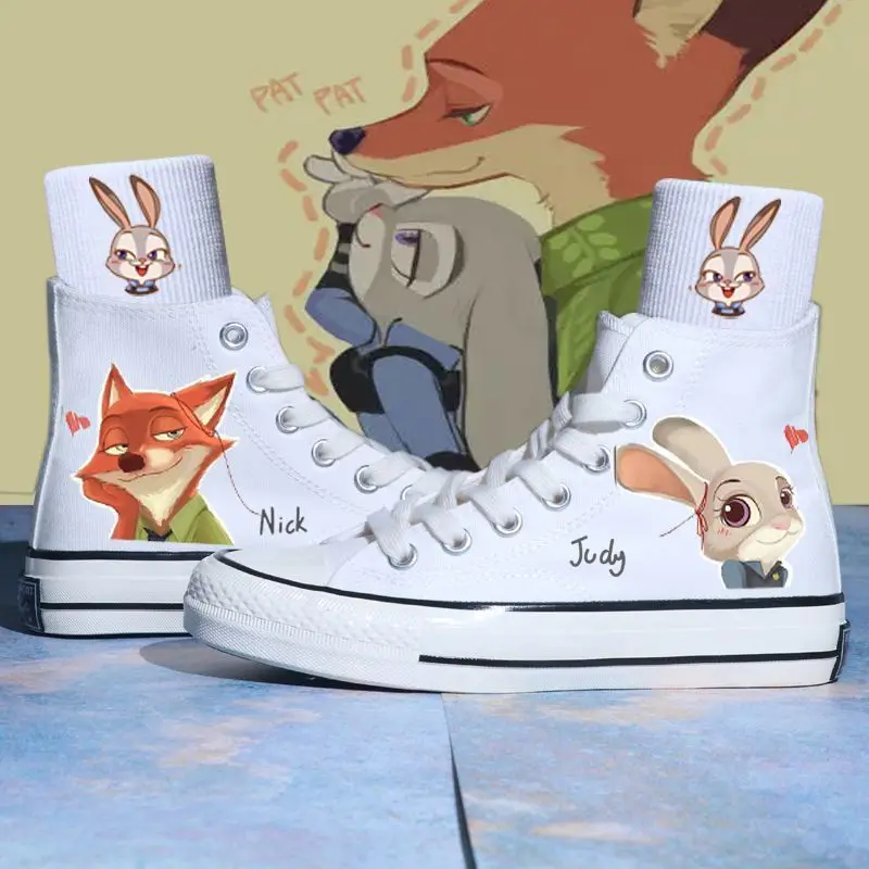 Disney Zootopia Sport Shoes Kids Tennis Shoes Cartoon Nick & Judy Print Basket Shoes Teenager White Shoes Couple Casual Sneakers