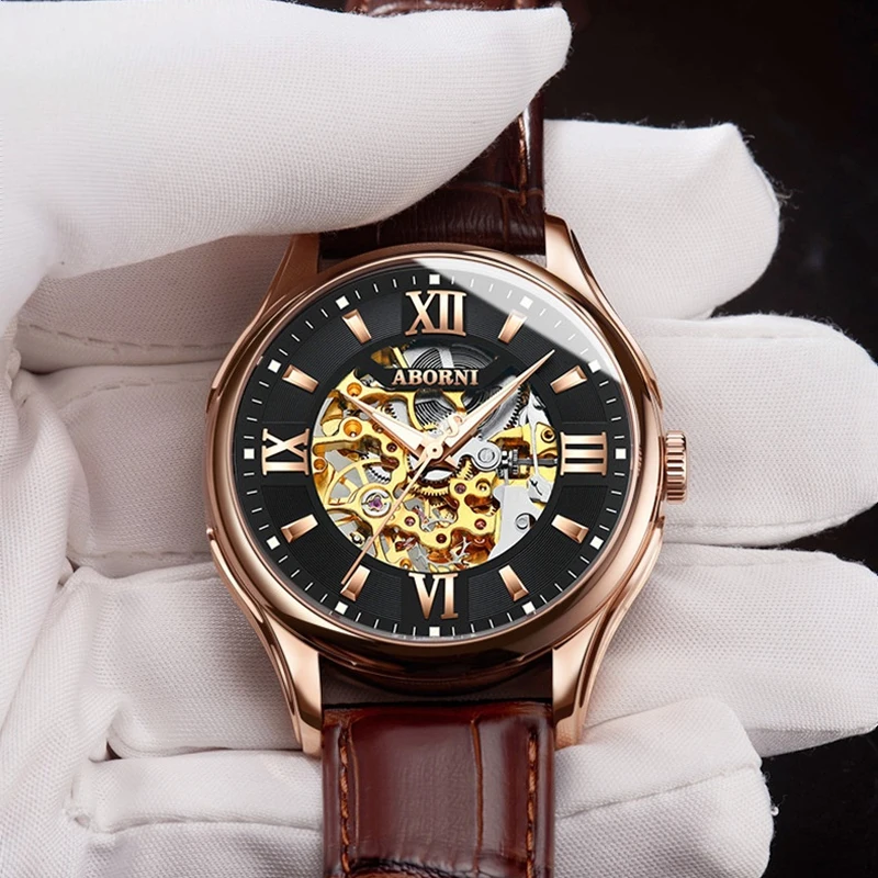 Fashion Hollow Engraving Black Golden Case Leather Skeleton Mechanical Watches Men Luxury Brand Automatic Watch Heren Horloge