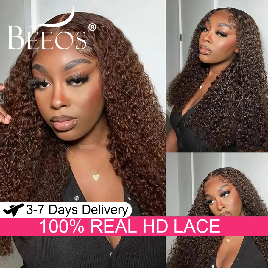

250% Chocolate Brown Water Wave 13x6 HD Transparent Lace Frontal Wigs Human Hair Pre Plucked Melt Skins Curly Wig Brazilian Hair